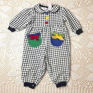 Vintage 1990s Petite Club Baby Girl 18 Months Black Gingham Sweater Jumpsuit